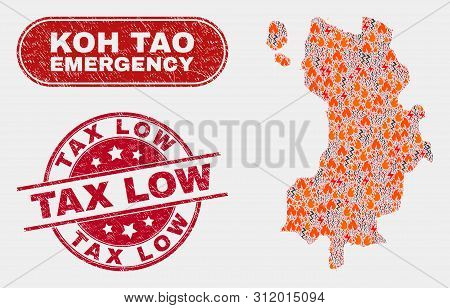 Vector Collage Of Danger Koh Tao Map And Red Round Grunge Tax Low Stamp. Emergency Koh Tao Map Mosai