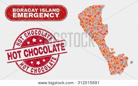 Vector Collage Of Wildfire Boracay Island Map And Red Rounded Grunge Hot Chocolate Seal Stamp. Emerg