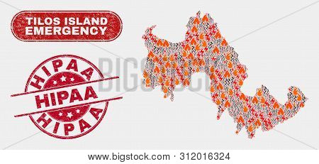 Vector Composition Of Hazard Tilos Island Map And Red Rounded Distress Hipaa Stamp. Emergency Tilos 