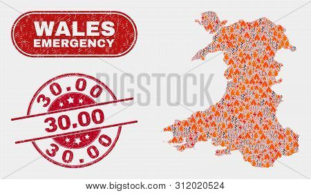 Vector Collage Of Firestorm Wales Map And Red Round Scratched 30.00 Seal. Emergency Wales Map Mosaic