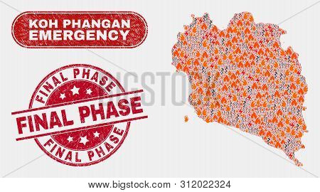 Vector Composition Of Firestorm Koh Phangan Map And Red Rounded Grunge Final Phase Seal Stamp. Emerg