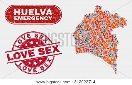 Vector Composition Of Hazard Huelva Province Map And Red Rounded Scratched Love Sex Seal Stamp. Emer