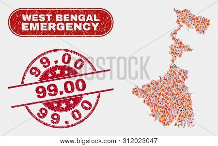 Vector Composition Of Firestorm West Bengal State Map And Red Rounded Textured 99.00 Watermark. Emer