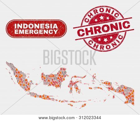 Vector Composition Of Firestorm Indonesia Map And Red Round Distress Chronic Stamp. Emergency Indone