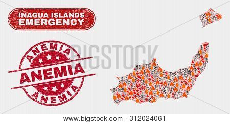Vector Collage Of Firestorm Inagua Islands Map And Red Round Textured Anemia Seal Stamp. Emergency I
