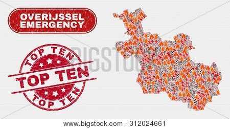 Vector Collage Of Firestorm Overijssel Province Map And Red Rounded Grunge Top Ten Stamp. Emergency 