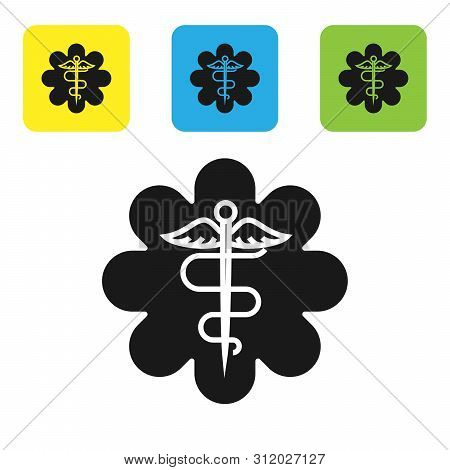 Black Emergency Star - Medical Symbol Caduceus Snake With Stick Icon Isolated On White Background. S