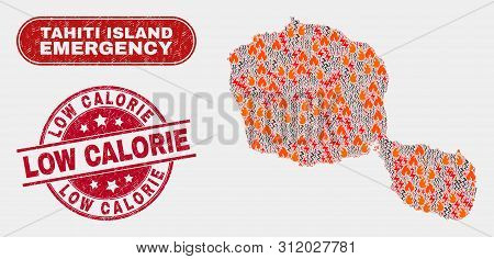 Vector Collage Of Hazard Tahiti Island Map And Red Round Distress Low Calorie Seal Stamp. Emergency 