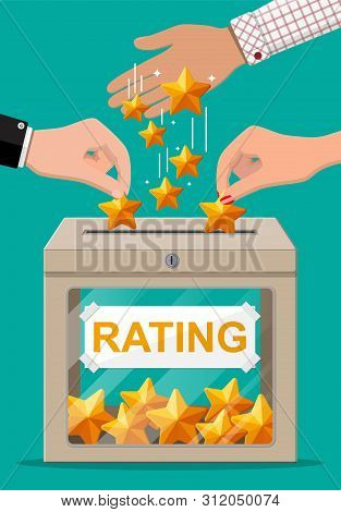 Rating Box And Hand With Golden Star. Reviews Five Stars. Testimonials, Rating, Feedback, Survey, Qu