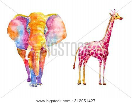 Watercolor Set Of Bright Colored Giraffe And An Elephant From Multi-colored Spots On A White Backgro