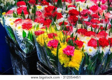 Carnation And Chrysanthemum Flowers On Pak Khlong Talat Flower Market, Bangkok, Thailand
