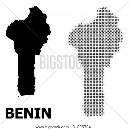 Halftone And Solid Map Of Benin Mosaic Illustration. Vector Map Of Benin Combination Of X-cross Elem