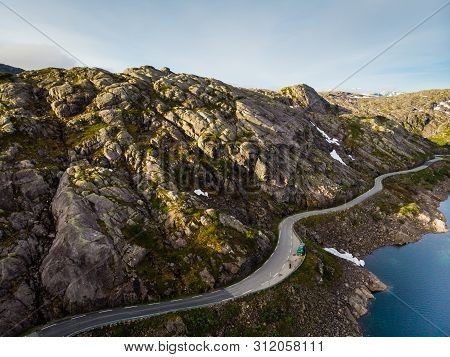 Aerial View. Norway Landscape. Road And Lakes In Stony Rocks Mountains. Norwegian National Tourist S