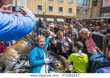 Florence, Italy - May 10, 2019: Fontana Del Porcellino, A Bronze Boar Rubbed By Thousands Of Hands F