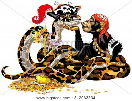 Cartoon Chimpanzee And Big Snake Pirates Near The Treasure. Great Ape Or Chimp Monkey And Python Boa