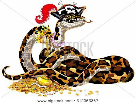 Cartoon Ball Python Pirate Guarding The Treasure. Big Snake Boa Constrictor Wearing A Hat, Golden Cr