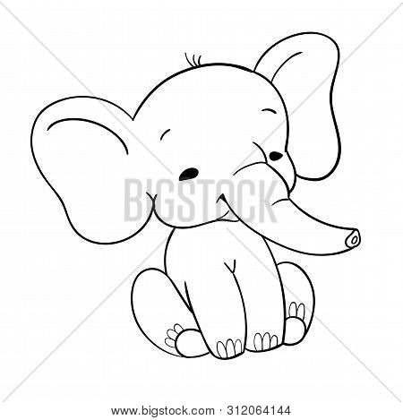 Cute Baby Elefant Sitting. Funny Black And White Elefant For Design