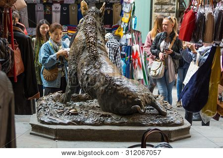 Florence, Italy - May 11, 2019: Fontana Del Porcellino, A Bronze Boar Rubbed By Thousands Of Hands F