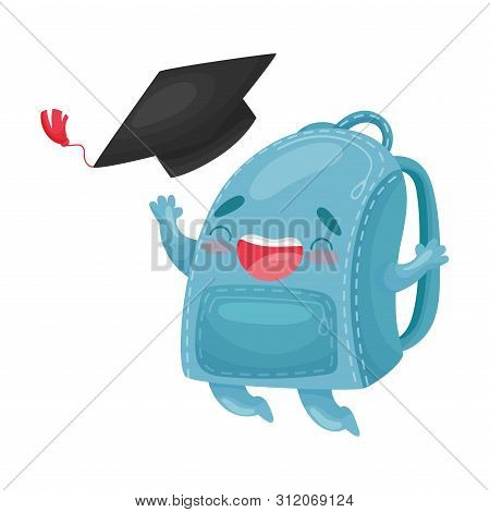Cute Humanized Blue Schoolbag Jumping For Joy. Vector Illustration On White Background.