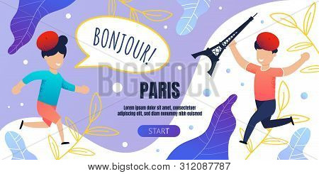 Bonjour Paris Banner Template With Happy Running Children. Voyage For Kids To France On Summer Vacat