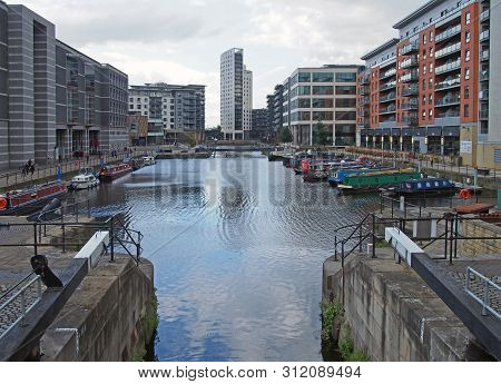 Leeds , West Yorkshire, United Kingdom - 10 July 2019: A View Of Clarence Dock In Leeds With Moored 
