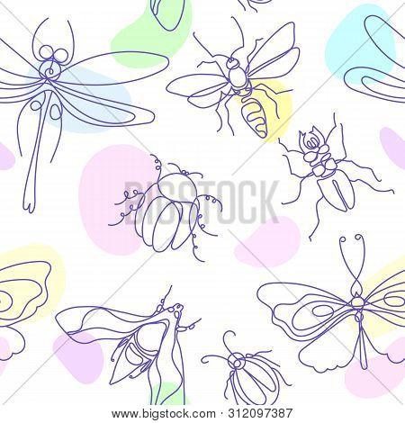 Insect. Elegant Bee, Bug, Moth, Butterfly. Vector Color Seamless Pattern On White Background. Line A