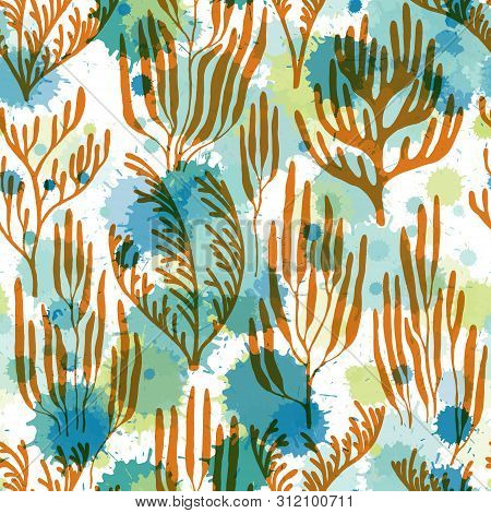 Coral Polyps Seamless Pattern. Paint Splashes Drops Watercolor Background. Abstract Great Barrier Re