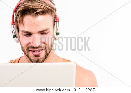Vide3o Conferencing. Ebook And Online Education. Music Education. Sexy Muscular Man Listen Ebook. Ma