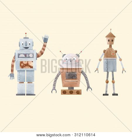 Beautiful Vector Illustration Set With Cute Retro Robots For Babies Children
