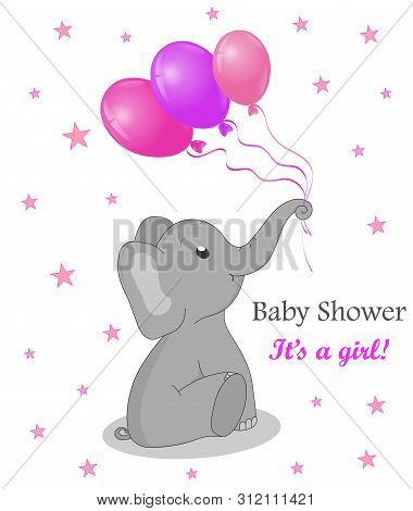 Invitation Card Baby Shower With Elephant For Girl. Cute Elephant With Balloons. Birthday Greetings 