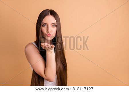 Portrait Of Cute Attractive Lovely Person People Have Date Send Air Kisses Dressed White Light-color
