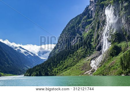 Nature Landscape Scenery View Of A Waterfall In Austria, Located In The Idyllic Zillertal Alps Natur