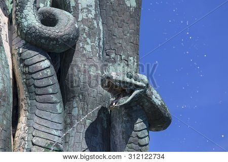 Helsingor, Denmark - June 23, 2019: Bronze Statue Hercules And The Hydra, Mythological Figure Of A H