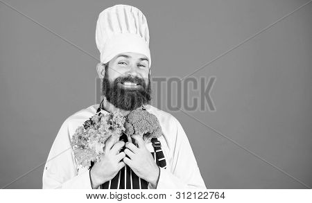 Great Food. Bearded Man Cook In Kitchen, Culinary. Vegetarian. Mature Chef With Beard. Dieting And O