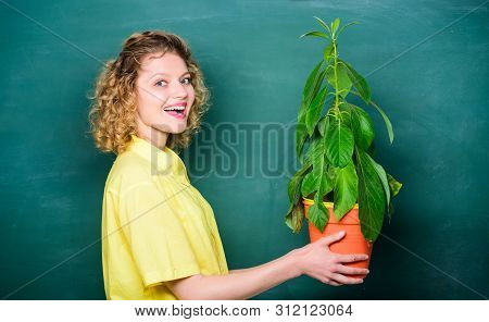 Botanical Expert. Botany Is About Plants Flowers And Herbs. Woman Chalkboard Background Carry Plant 