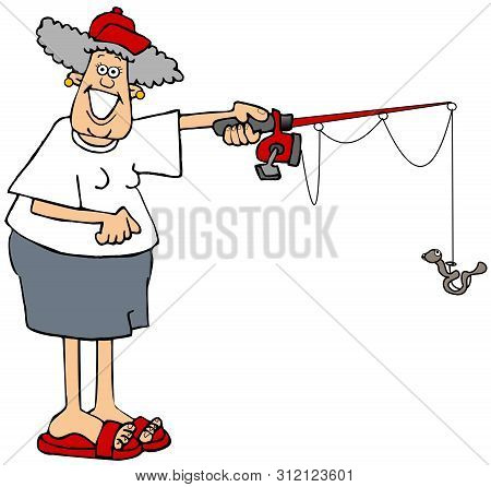 Illustration Of A Woman In Shorts Holding A Fishing Pole With A Nightcrawler Dangling From The Hook.