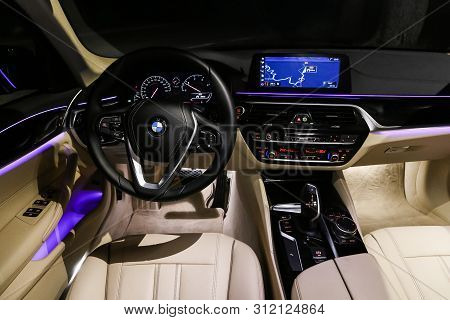 Catalonia, Spain - March 8, 2019: Interior Of The Luxury Motor Car Bmw 520d (g30).