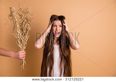 Portrait Of Her She Nice-looking Attractive Lovely Grumpy Gloomy Displeased Lady Holding In Hand Dri