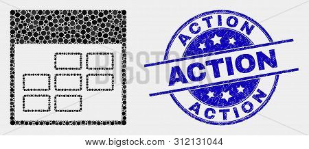Dotted Calendar Week Items Mosaic Icon And Action Seal Stamp. Blue Vector Round Scratched Seal Stamp
