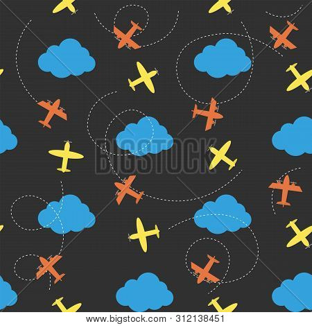 Yellow And Red Planes Pattern With Blue Clouds In Flat Style Isolated On Ablack Background.
