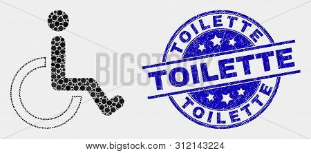 Dotted Wheelchair Mosaic Pictogram And Toilette Seal. Blue Vector Rounded Grunge Seal Stamp With Toi