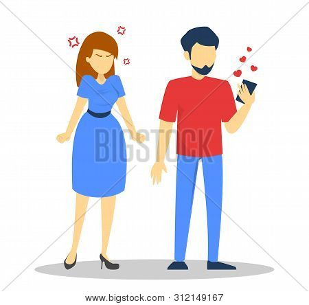 Jealous woman looking at boyfriend love chatting with someone. Unhappy female character isolated vetor. Problem in couple. Dishonest man flirting.
