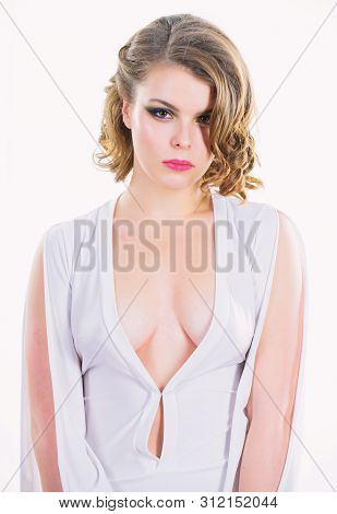 Lady Attractive Sexy Model. Attractive Decollete With Breasts. Seductive Decollete Concept. Woman We