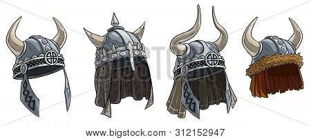 Cartoon Metal Viking Warrior Helmet With Horns, Fur And Runes. Isolated On White Background. Vector 