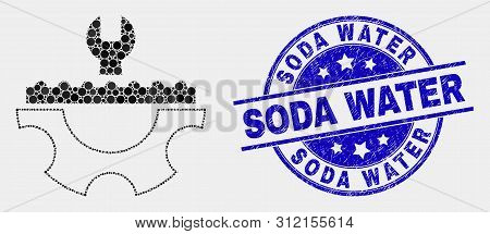 Dot Plumbery Service Mosaic Pictogram And Soda Water Seal. Blue Vector Round Distress Stamp With Sod