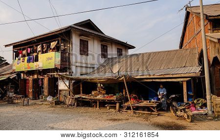 Hsipaw, Myanmar - Feb 23, 2016. Old Buildings In Hsipaw, Myanmar. Hsipaw Is A Small Town, 200 Km (12