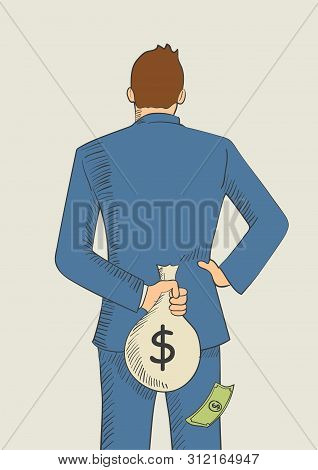 Cartoon Illustration Of A Man Hiding A Money Bag Behind His Back For Tax Evasion Concept