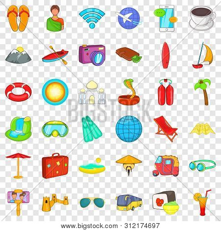 Long Travel Icons Set. Cartoon Style Of 36 Long Travel Icons For Web For Any Design