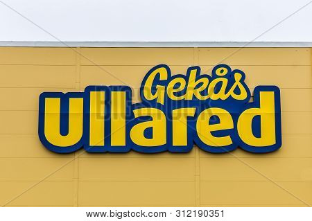 Yellow Sign At The Entrance Of Gekås Ullared, Sweden, June 16, 2019