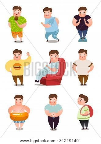 Set Of Fat Man Character In Different Daily Situations Or Actions